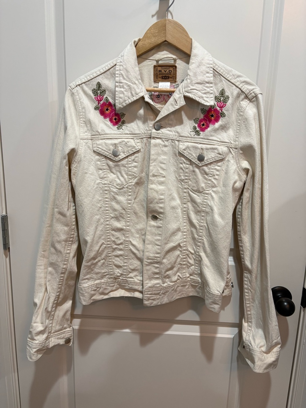 Vintage R.Y.D. Cream Denim Jacket with Pink Floral Embroidered